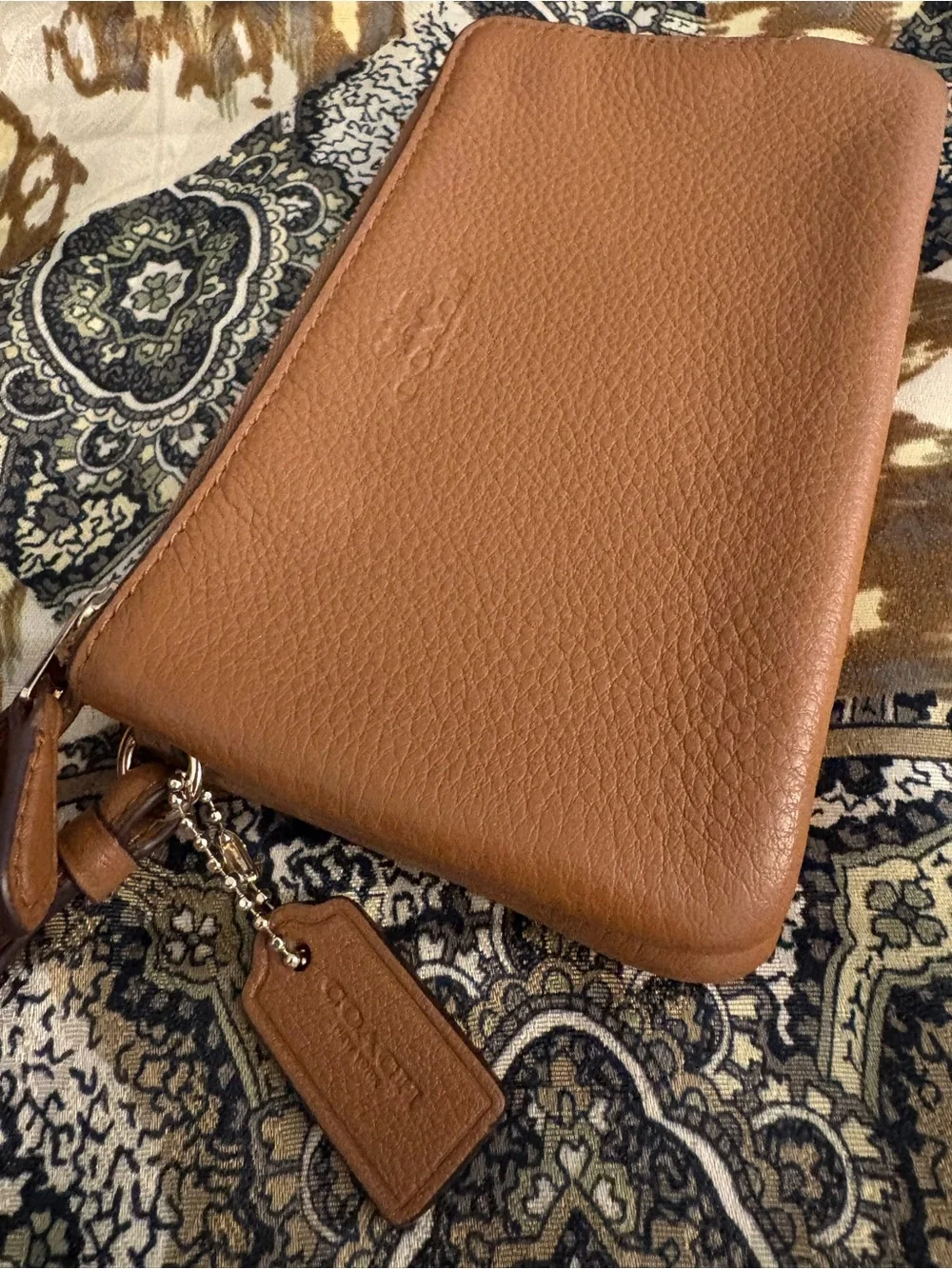 COACH Saddle Tan Leather Dual Zip Wristlet Pouch